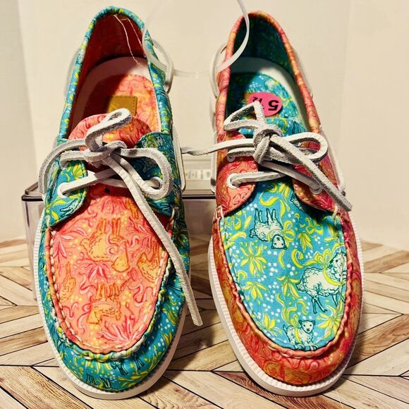 Sperry Topsider X Brooks Brothers Boat Shoes M 5.5 W 7 Pink Aqua Sheep $138 - Picture 3 of 7